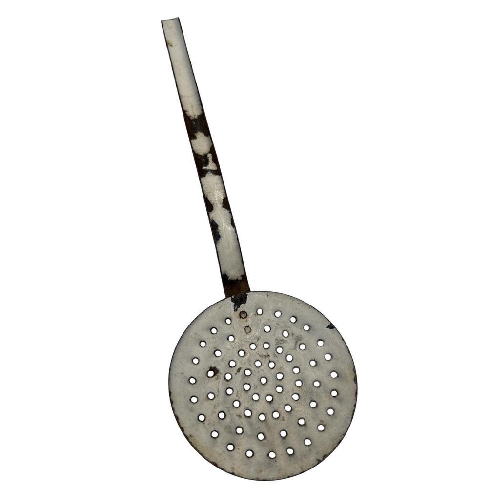 Enamelware‎ Slotted Metal Spoon Antique White Enamel 13.75" Enamelware